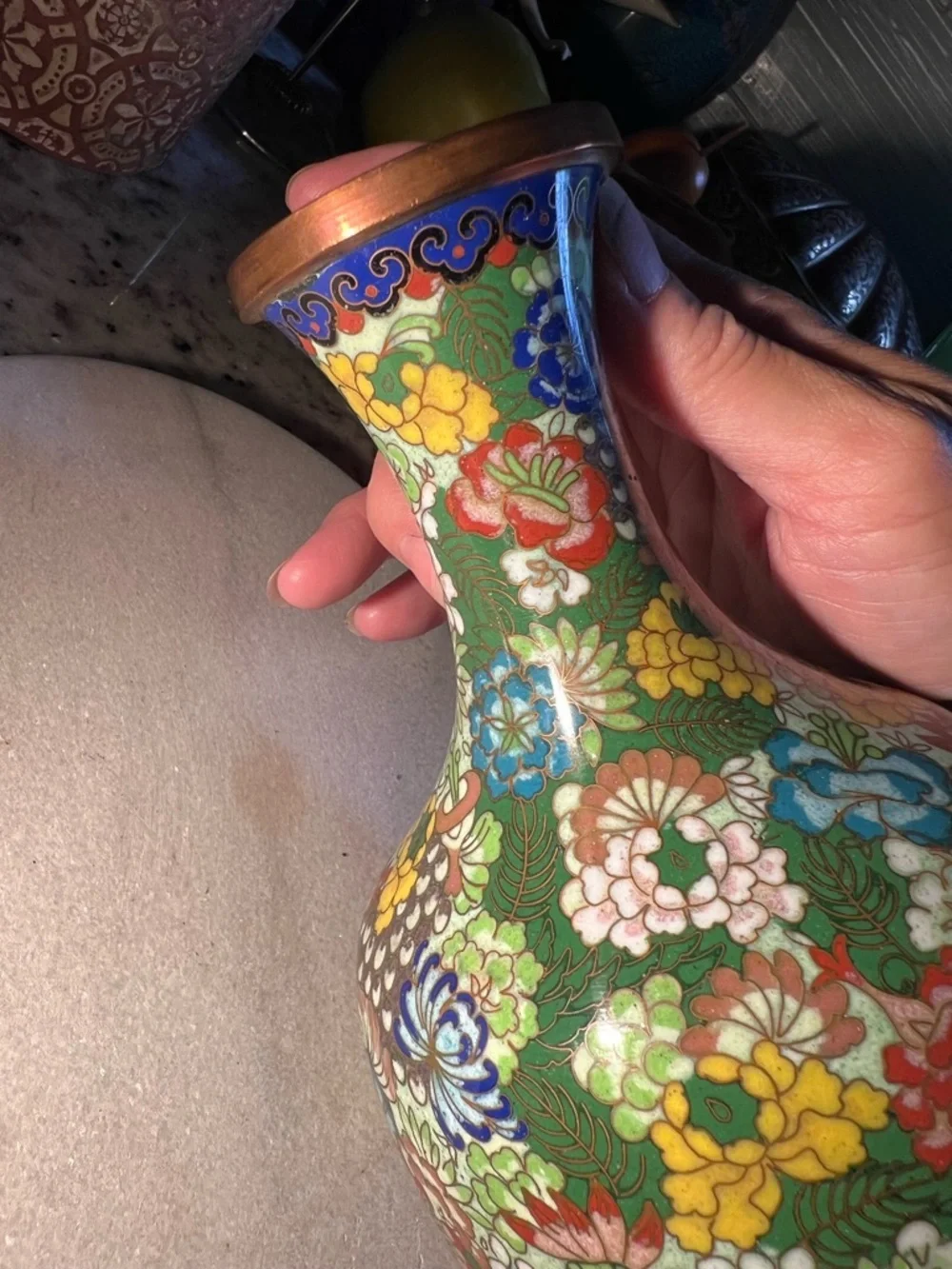 Vintage Green Floral Cloisonne Vase, Price reflects it is like new - Picture 11 of 12